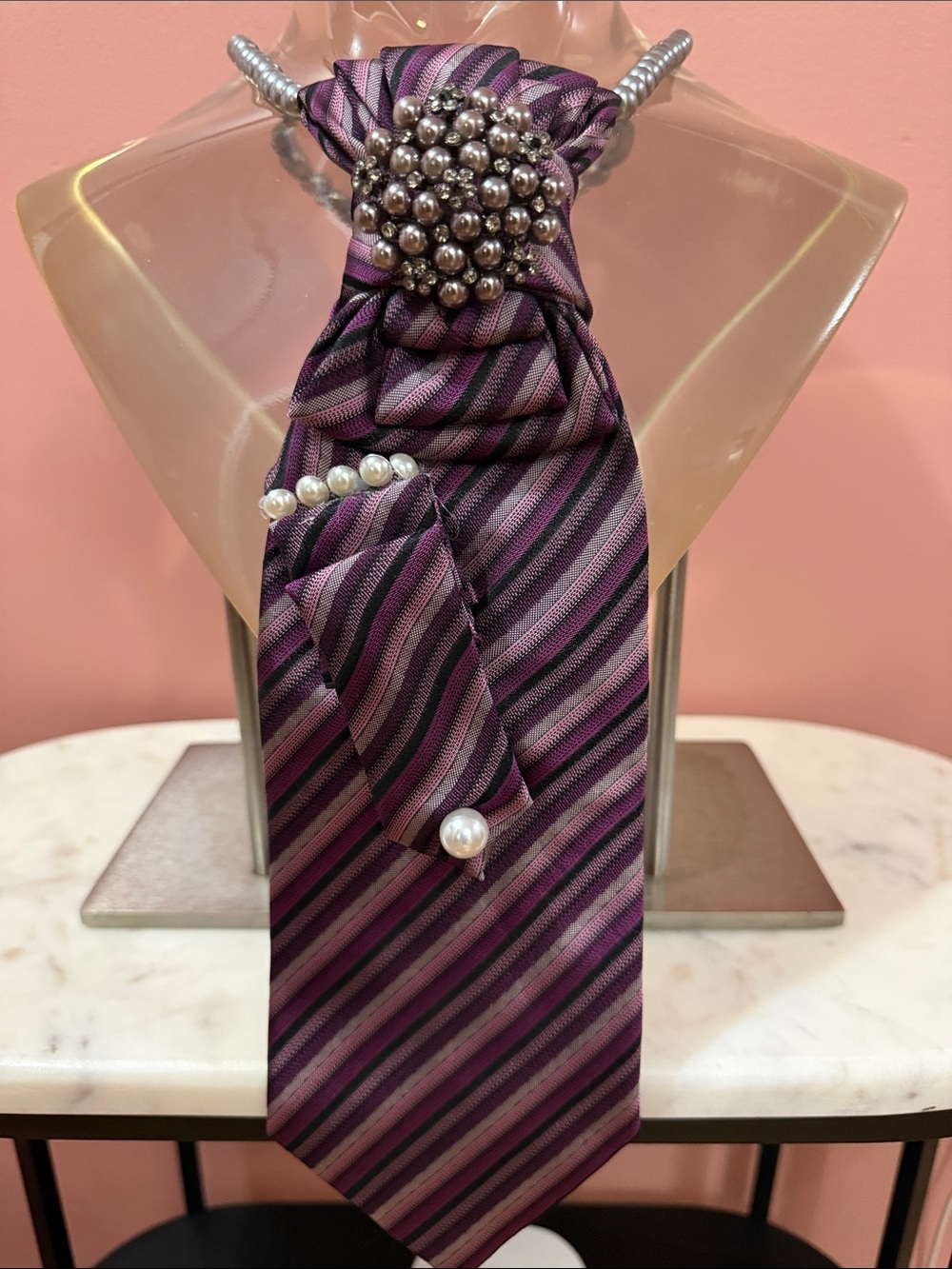 Purple Striped Hair Accessory with Pearl & Bead Cluster